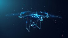 Digital Vector 3d Illustration Of Drone With Camera In Dark Blue. Drone Videography, Aerial Photography, Modern Technology Concept. Abstract Low Poly Quadcopter With Dots, Lines, Stars And Particles