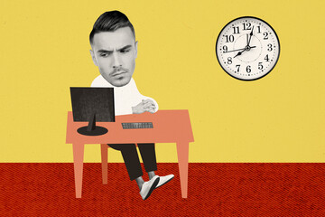 Sticker - Collage picture of black white colors guy big head sit chair computer monitor desktop wall watch clock isolated on yellow background