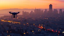 Innovation Photography Concept. Silhouette Drone Flying Over San-Francisco City On Blurred Background. Heavy Lift Drone Photographing City At Sunset