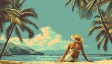 Woman Sunbathing By Palm Trees In The Style Of Vintage Poster Style Generative AI