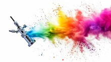 Professional Chrome Metal Airbrush Acrylic Color Paint Gun Tool With Colorful Rainbow Spray Holi Powder Cloud Explosion Isolated On White Panorama Background Industry Art Scale Model Modelling Concept