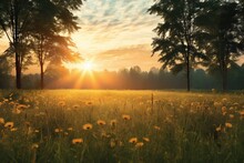 Beautiful Sunrise Over The Meadow With Dandelion Flowers