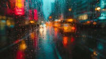 Traffic In The City At Night With Rain Drops On The Glass. A Surreal Image Of May Raindrops Gracefully Falling On A Cityscape, With Reflections Of Neon Lights Creating A Dreamlike Atmosphere.