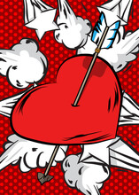 Comic Book Vector Illustrated Retro Arrow Heart, Valentine's Day Symbol, Pop Art Vintage Style.