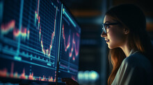 A Woman Manager Looks At Trading On The Financial Market On A Monitor