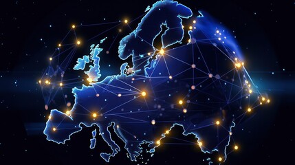 Poster - Concept of European Global Network and Connectivity. Illustrating Data Transfer, Cyber Technology, Information Exchange, and Telecommunication on a Global Scale.