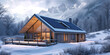 Modern house with solar panel in winter. Photovoltaic solar panels in modern house roof. Alternative and Renewable energy concept. Modern house with snow. AI generative