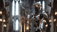 Ripped Flesh Revealing Robot Under Human Skin, Cyborg Angel Girl In Cathedral  