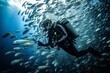 Diver surrounded by school of fish