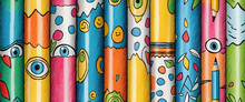 Colorful Children Pencil Doodle Seamless Pattern Set. Childish Freehand Scribble And Hand Drawn Crayon Shapes Background Collection.