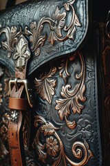 Poster - A detailed close-up shot of a leather bag featuring a beautiful flower design.