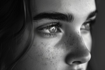 Poster - A close-up shot of a woman's face with beautiful freckles. This image can be used to portray natural beauty and diversity