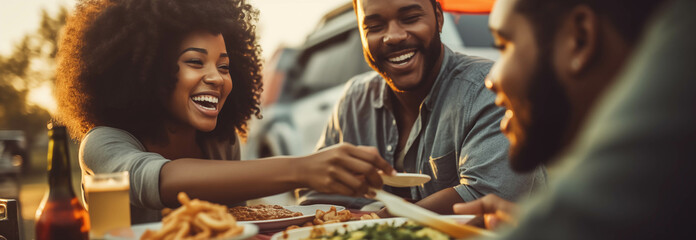 African family eating together at a tent in the forest.