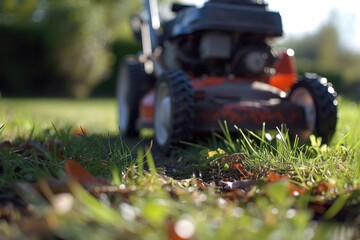 Poster - A lawn mower sitting on top of a lush green field. Perfect for landscaping or gardening projects