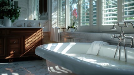 Poster - A bath tub sitting in a bathroom next to a window. Suitable for bathroom design concepts and home renovation projects