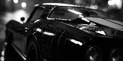 Poster - A black and white photo of a sports car. Suitable for automotive enthusiasts and vintage car lovers.