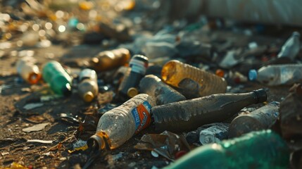 Poster - A pile of empty bottles sitting on the ground. Suitable for recycling and environmental concepts