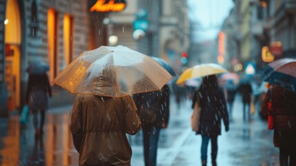 Sticker - A group of people walking down a street, each holding an umbrella. This image can be used to depict a rainy day or a cityscape scene