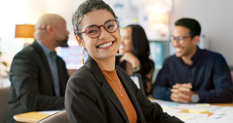 Poster - Meeting, happy and portrait of employee with team planning or working on strategy together in startup company. Corporate, confident and professional business woman at discussion in agency office