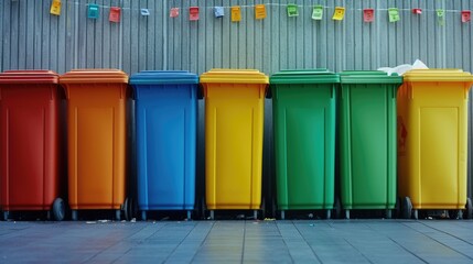 Poster - A row of colorful trash cans sitting next to each other. Ideal for illustrating waste management or recycling concepts