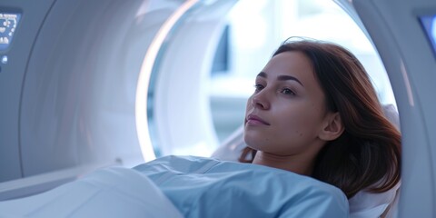Poster - A woman is seen laying in a bed in a room. This image can be used to depict relaxation, rest, or a bedroom setting