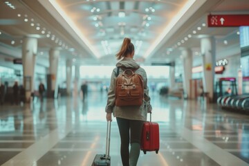 Poster - A woman is seen walking through an airport with her luggage. This image can be used to depict travel, vacation, or business trips