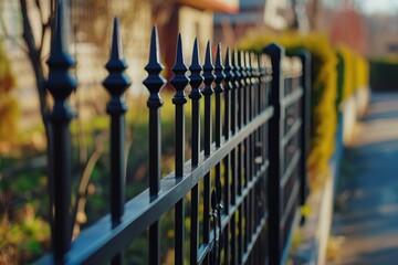 Poster - A close up view of a fence with a building in the background. Suitable for various applications