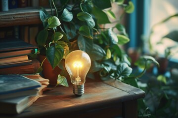 Poster - A light bulb placed on a wooden table, suitable for various concepts and designs