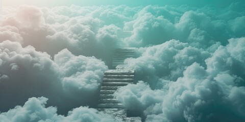Poster - A stairway leading up into the clouds in the sky. Suitable for concepts of reaching new heights and aspirations