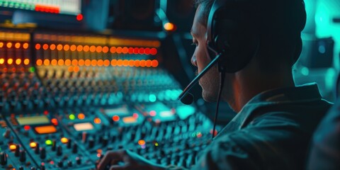 Poster - A man wearing headphones in a recording studio. This image can be used to depict music production, audio engineering, or recording sessions