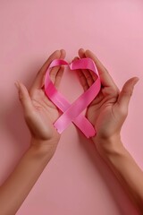 Wall Mural - Two hands holding a pink ribbon in the shape of a heart. Suitable for raising awareness about breast cancer or showing support for loved ones affected by the disease