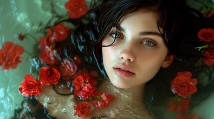 Wall Mural - Portrait of a young woman immersed in the water and surrounded by fresh flowers.