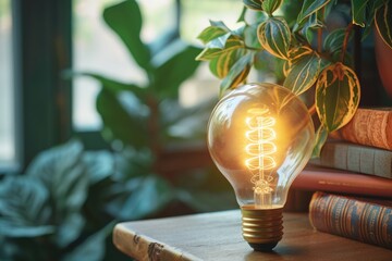 Poster - A simple wooden table with a light bulb placed on top. Perfect for illustrating creativity, ideas, and innovation in various settings