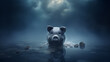 Sparschwein in dystopischer Atmosphäre vor wolkigem Himmel. Triste Stimmung. Illustration