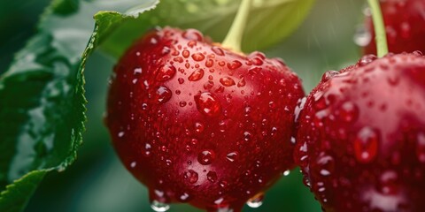 Poster - Two cherries on a tree. Perfect for illustrating concepts of nature, agriculture, or healthy eating