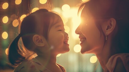 Sticker - A heartwarming image of a woman and child sharing a joyful moment. Perfect for capturing the bond between a mother and her child.