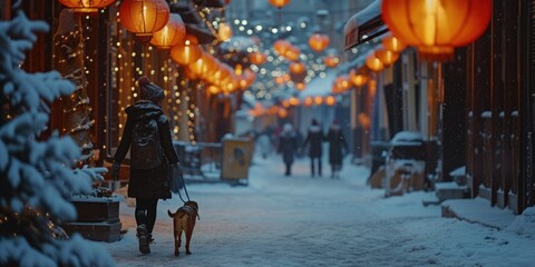 Poster - A person is walking their dog down a snowy street. This image can be used to depict a winter walk or the bond between a pet owner and their dog