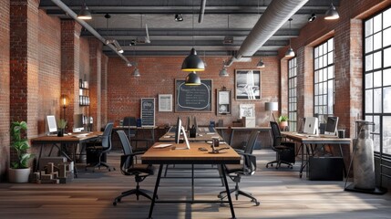 Poster - A room with a desk, chairs, and a chalkboard. Suitable for educational or business-related themes
