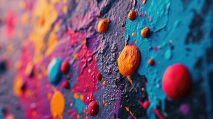 Poster - A detailed close up of a wall covered in colorful paint splatters. Perfect for adding a touch of creativity to any design project