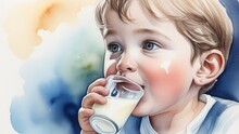 Child Drinking Milk From Glass And Smiling Happily, Concept Of Drinking Milk For Good Health.