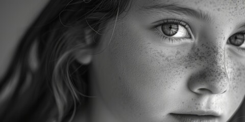 Aufkleber - A close-up photograph of a child with freckles on her face. This image can be used to depict innocence, childhood, or natural beauty