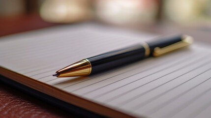 Poster - A pen resting on top of a notebook, ready for writing. Suitable for office, education, or creative concepts