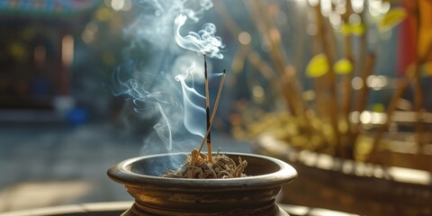 Wall Mural - An image showing an incense stick placed in a pot, with smoke billowing out of it. This picture can be used to create a calming and relaxing atmosphere in various settings