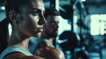 Poster - A picture of a man and a woman in a gym. This image can be used to depict fitness, exercise, workout, or a couple working out together