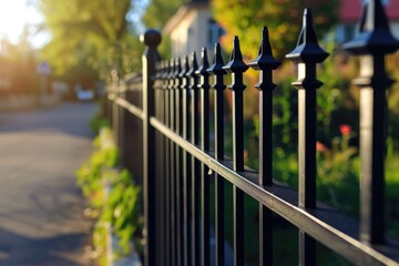 Poster - A detailed view of a fence on a street. This versatile image can be used to depict urban landscapes, security, boundaries, or as a symbol of division.