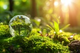 Fototapeta Las - Enchanting Forest Scene: Green Globe Amidst Moss And Sunlight