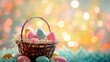 Easter eggs in a basket bokeh background