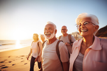 Wall Mural - Group of happy retired mature men and women enjoying walk on the beach during beautiful sunset. Retirement vacation concept. Aged people enjoy life. Active elderly people's lifestyle. Selective focus.