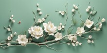 Minimalistic Design 3d Marble Mural Background Light Simple Green Wallpaper . Birds In Branches Flowers Floral Background With Flowers And Herbs