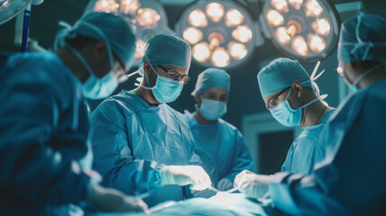 Wall Mural - group of surgeon surgery in operation room take with art lighting and blue filter